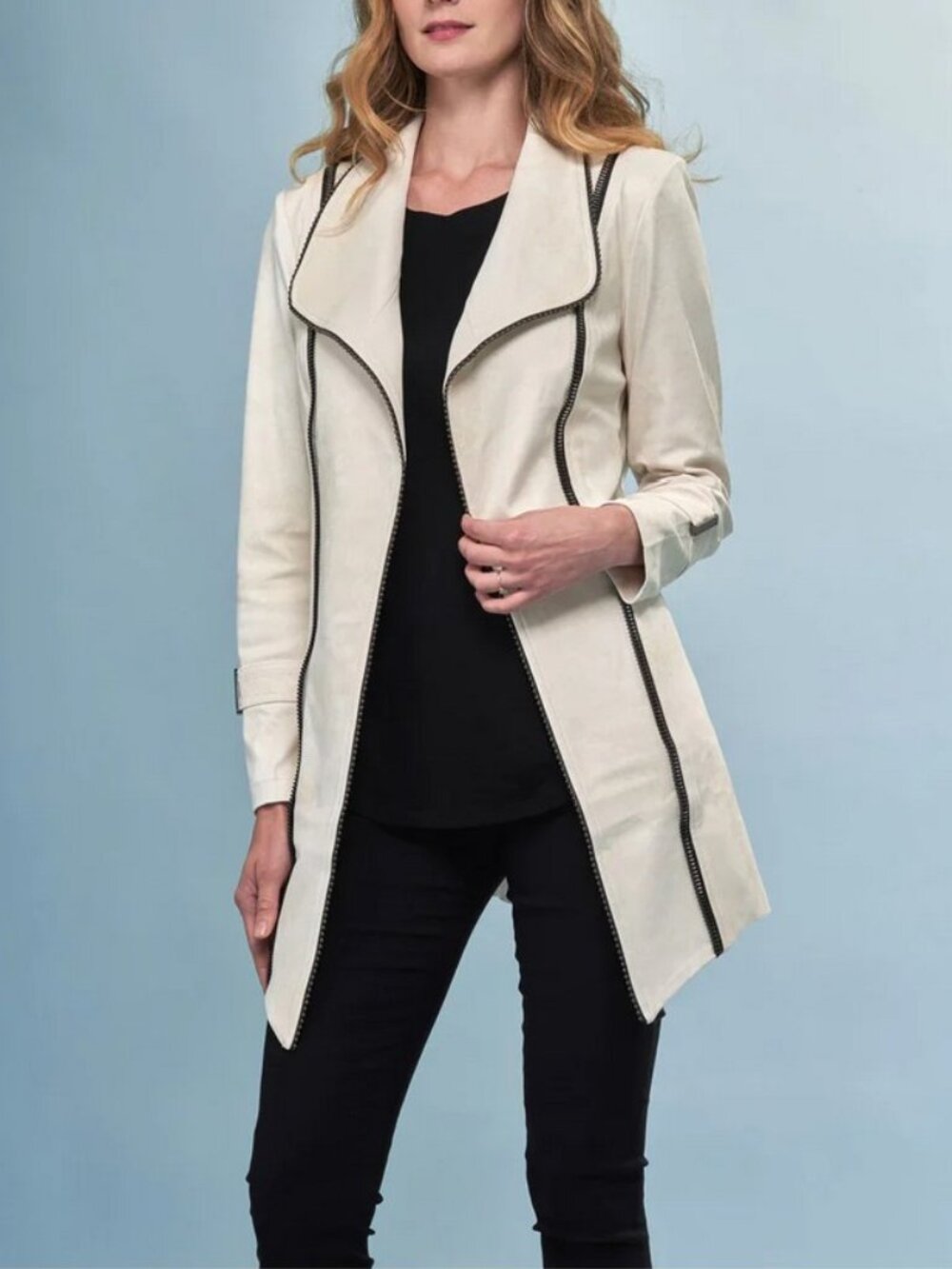 Insight NEW Long Jacket White Vegan Leather Knit Sleeves Women's 12 - Picture 14 of 16